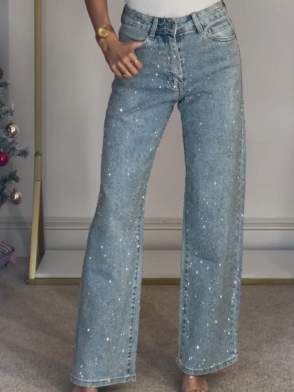 High Waist Diamanté Straight Jeans