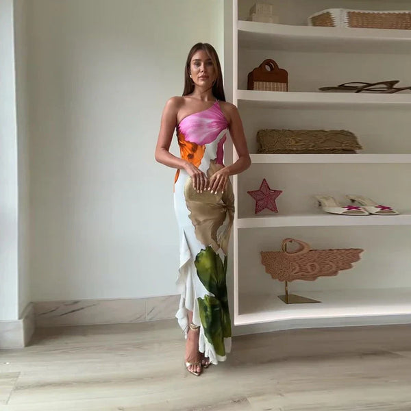 Hannah Elegant Floral One-Shoulder Maxi Dress