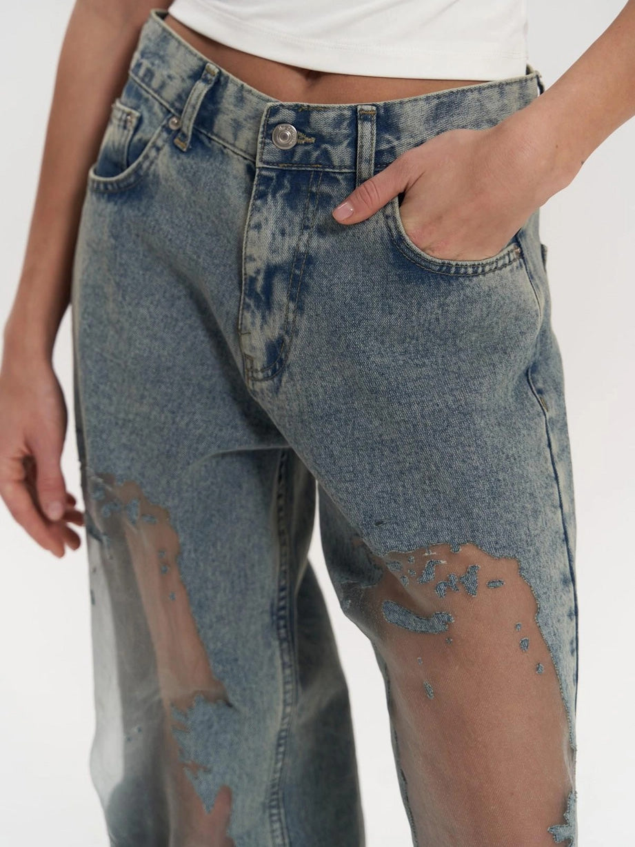 High Waist Mesh Panel Wide Leg Jeans